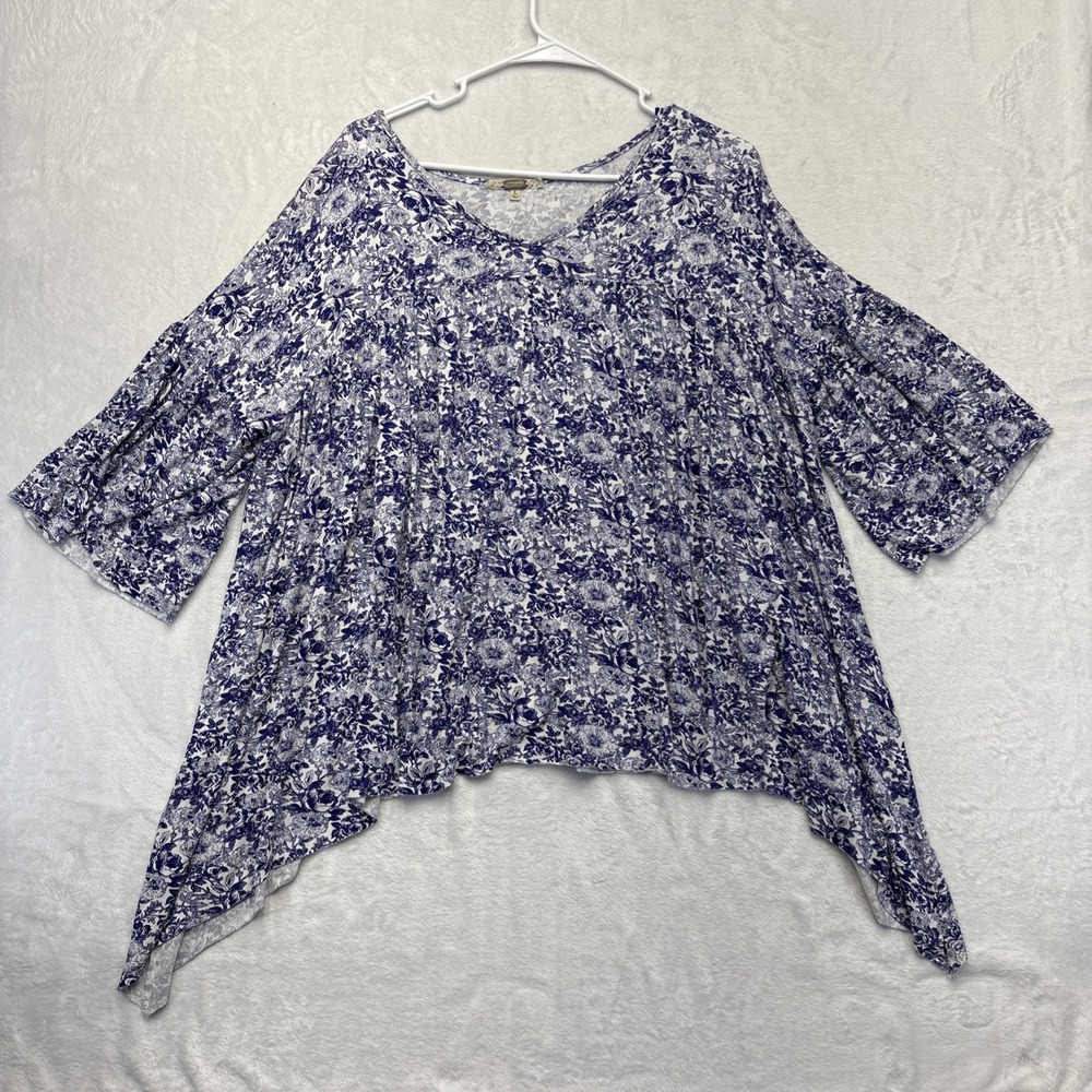 Gimmicks BonWorth Blue Floral Bell Sleeve Top L Boho Cottagecore Hanky Hem